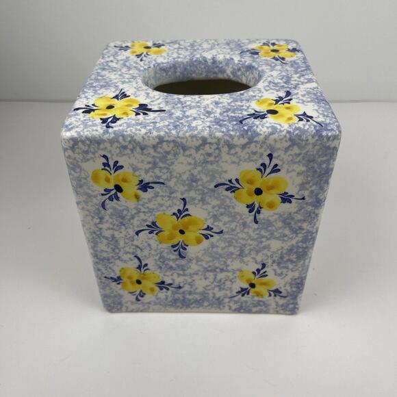 Vestal Alcobaca Portugal Pottery Blue Sponge ware Yellow FlowerTissue Box Cover - Picture 9 of 10